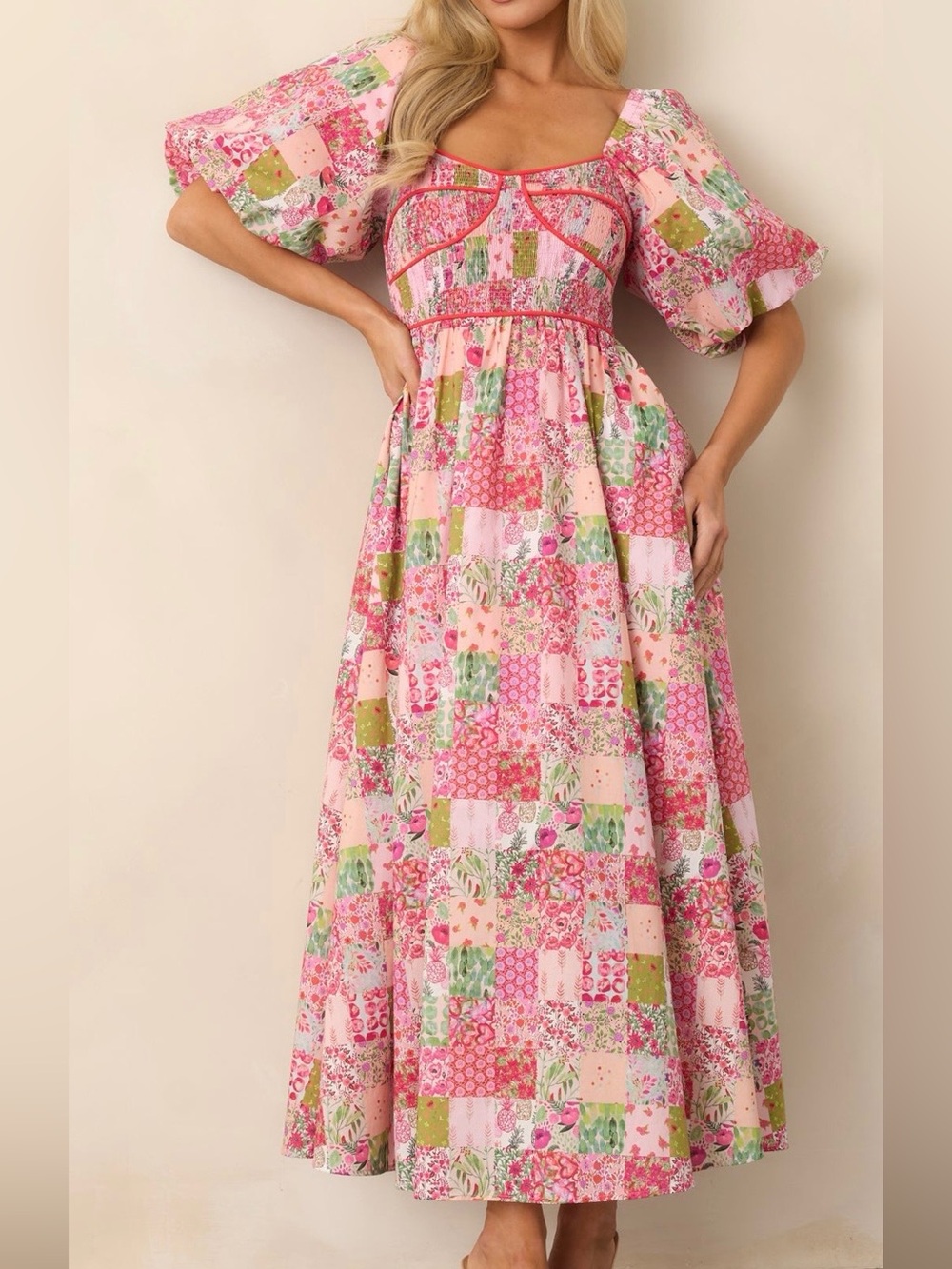Puff-Sleeve Patchwork Maxi Dress in Pink - Picture 2 of 6